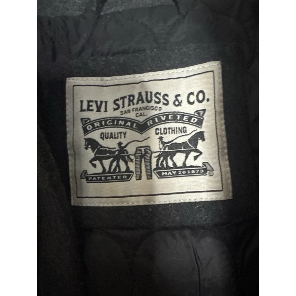 Levi Strauss Wool Blend Jacket‎ Mens Gray Hooded Full Zip Button Quilted Lined